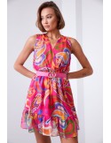 Light patterned dress with a belt, pink and dark blue 03040 - Online store - Boutique